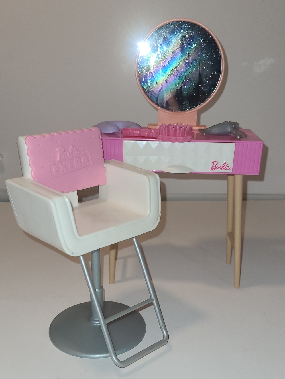 Barbie Pink White & Silver Salon Vanity Set with Holographic Mirror